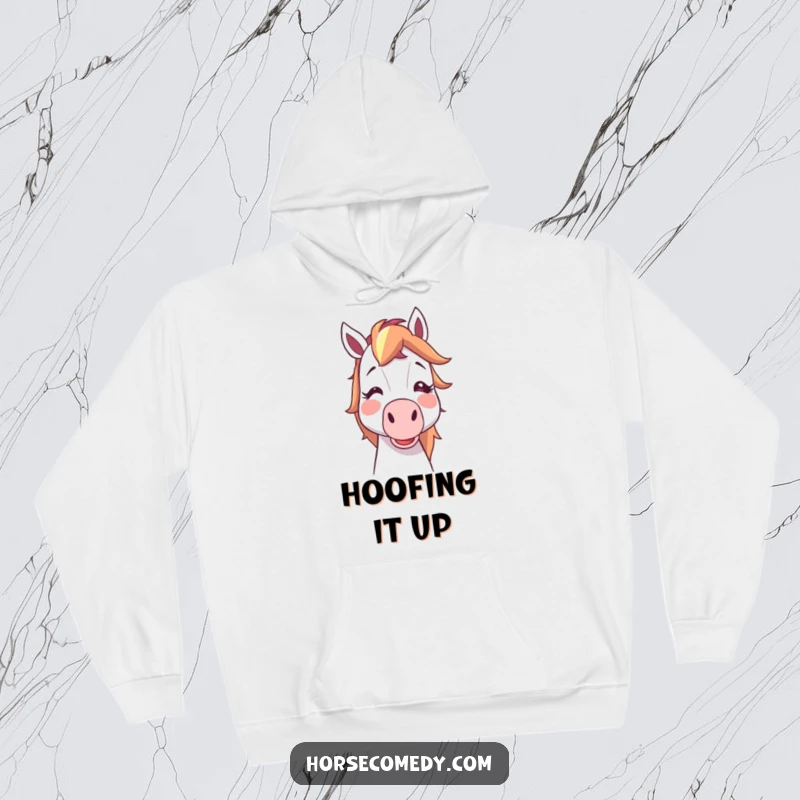 Funny cartoon horse blushing, enthusiastically blowing a party noisemaker, cozy hoodie, perfect funny gift idea.