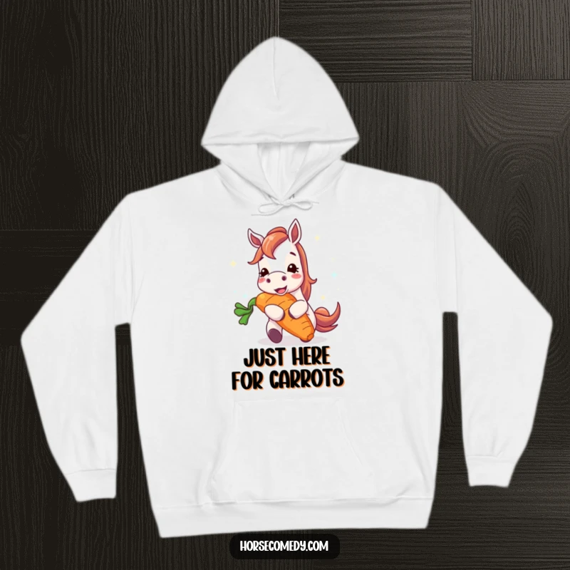 Funny horse hoodie showing a happy horse character enthusiastically eating a gigantic, radiant carrot, radiating happiness and satisfaction.