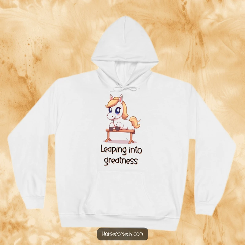 Funny Hoodie: A horse with big, sparkling eyes executes a playful leap over a hurdle, looking happy.
