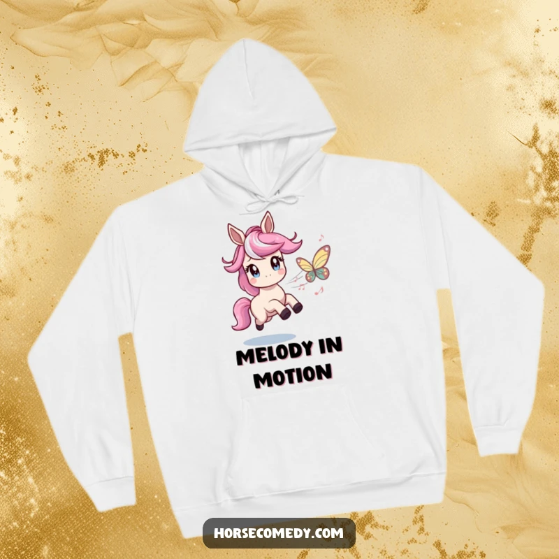 Funny hoodie featuring a horse with twinkling eyes chasing a butterfly made of musical notes, offering warmth and a humorous musical design.