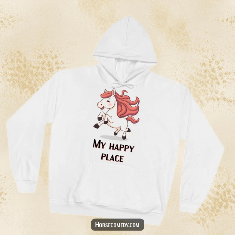 Funny horse hoodie, showing a horse energetically galloping and kicking its legs high in the air with glee.