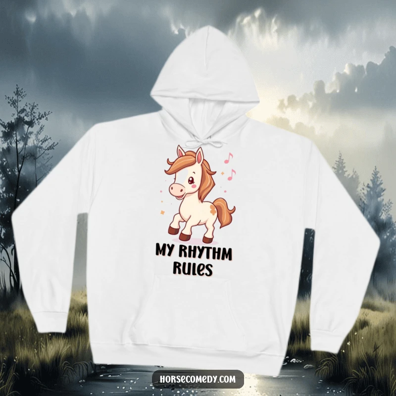 Funny hoodie graphic of a horse neighing happily, hooves tapping rhythmically to music, designed for comfort and style.
