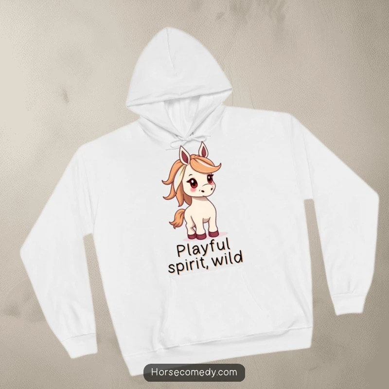 Funny hoodie design of a horse with a strikingly wide mane, captured mid-buck in a playful and energetic pose.
