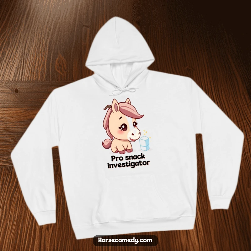 Funny horse hoodie, curious horse character intently examining a sparkling sugar cube, warm and humorous gift apparel.