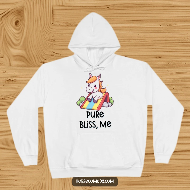 Funny Hoodie: A happy horse joyfully slides down a rainbow, shouting with excitement.