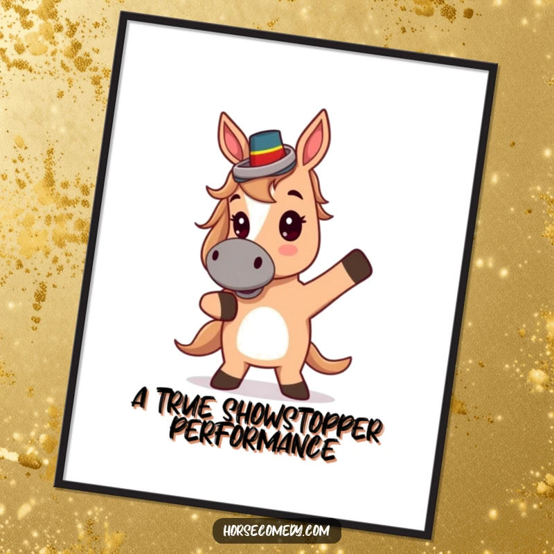 Funny Free Printable Wall Art: Cute horse in a small top hat, frozen in a dramatic theatrical pose, ready for applause.