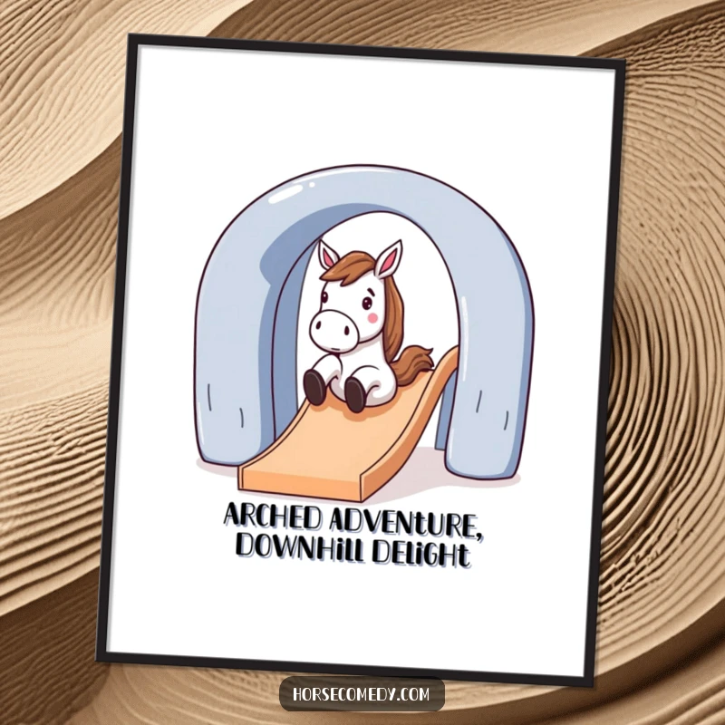 Playful Free Printable Wall Art: A horse character slides down a large, arched structure with pure exhilaration.