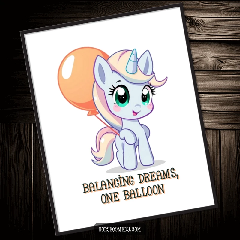 Funny Free Printable Wall Art: A pony with wide, inquisitive eyes carefully balances a giant, colorful balloon, whimsical downloadable art.