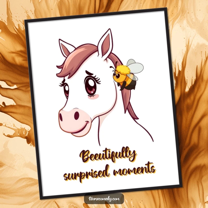 Funny Free Printable Wall Art: A horse looks astonished by a friendly bumblebee nudging its nose, downloadable whimsical decor.