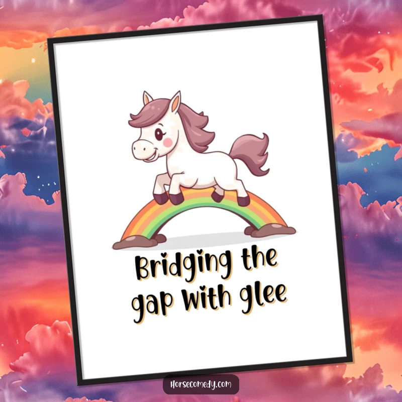 Funny Free Printable Wall Art: A joyful horse leaping over a brilliant rainbow bridge, dreamy and colorful downloadable art.