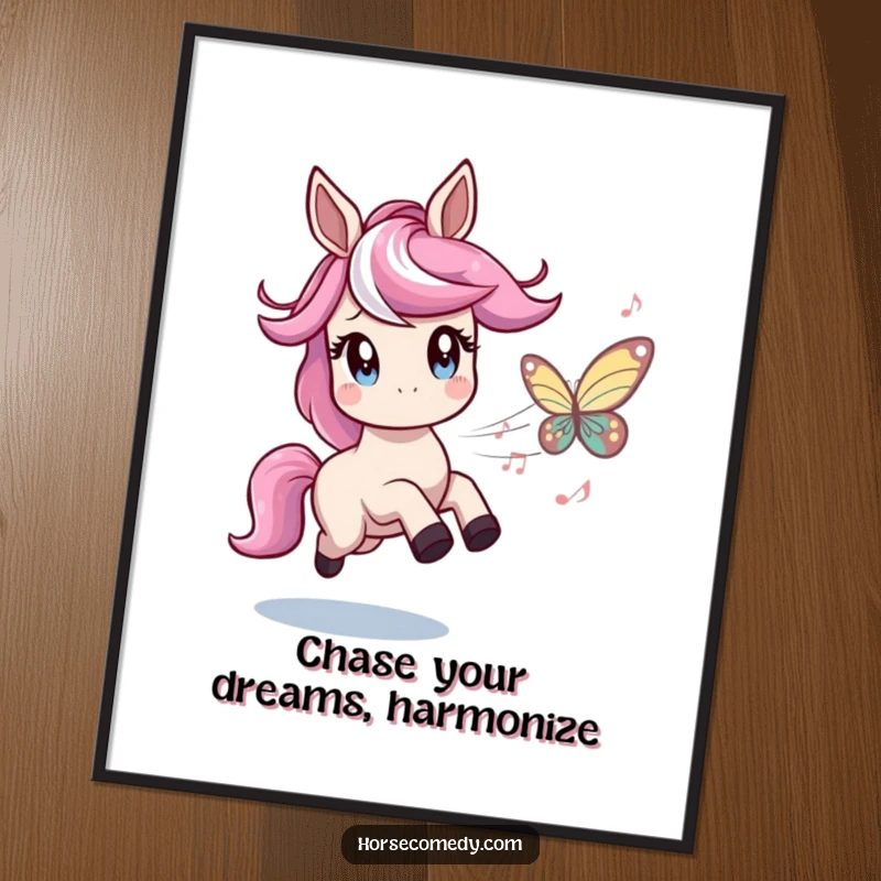 Funny Free Printable Wall Art: A horse with twinkling eyes joyfully pursues a whimsical butterfly made of colourful musical notes, creating a vibrant scene.
