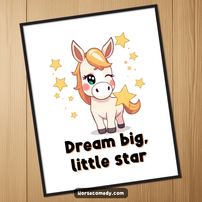 Funny Free Printable Wall Art: Mischievous horse winks while juggling oversized, bright stars, magical downloadable decor.