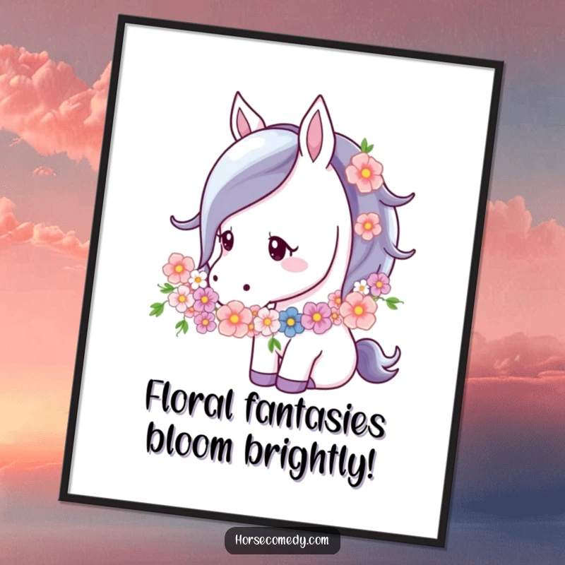 Funny free printable wall art depicting a horse with a delicate flower garland, gently nuzzling the blooms.