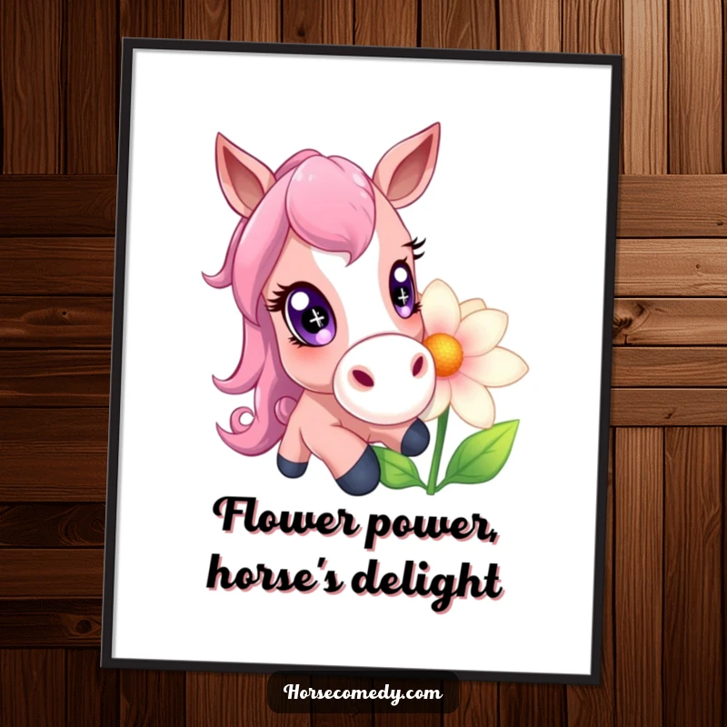 Funny Free Printable Wall Art: A horse with enormous, sparkling eyes playfully nudging a giant, vibrant flower, creating a whimsical scene.