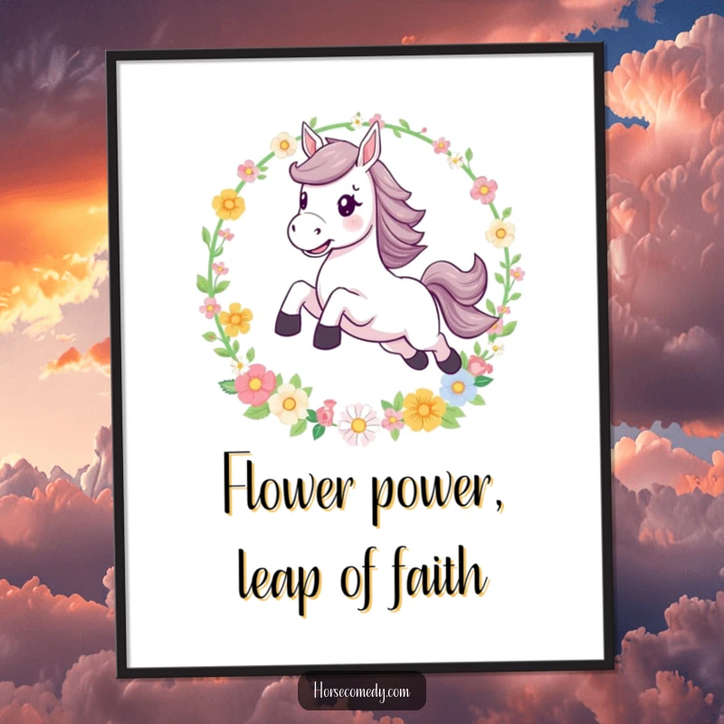 Funny Free Printable Wall Art: A horse character performs a joyful leap through a sparkling hoop woven with colorful, fresh flowers.