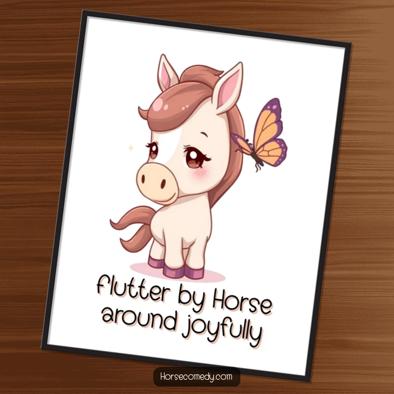 Funny free printable wall art of a horse character tilting its head curiously while watching a delicate butterfly, capturing a moment of gentle observation.