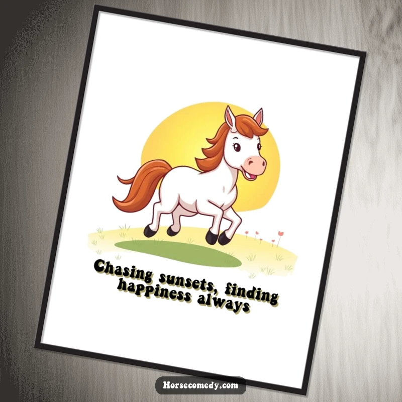 Funny Free Printable Horse Sunset Wall Art: A happy horse gallops towards a vibrant sunset, creating cheerful, downloadable home decor.