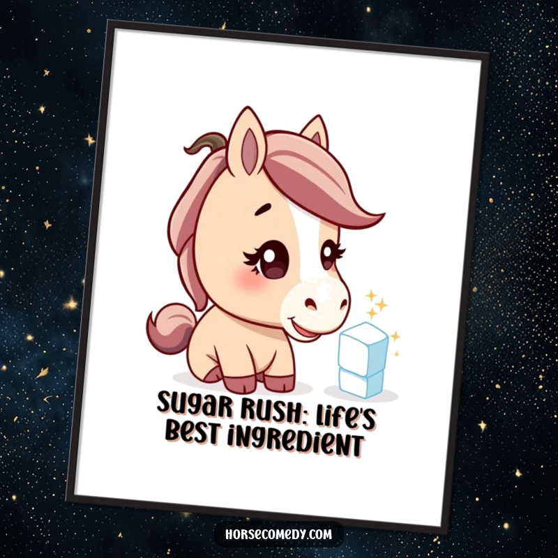 Funny Free Printable Wall Art: A horse with a curious head tilt inspects a sparkling sugar cube, perfect quirky decor.