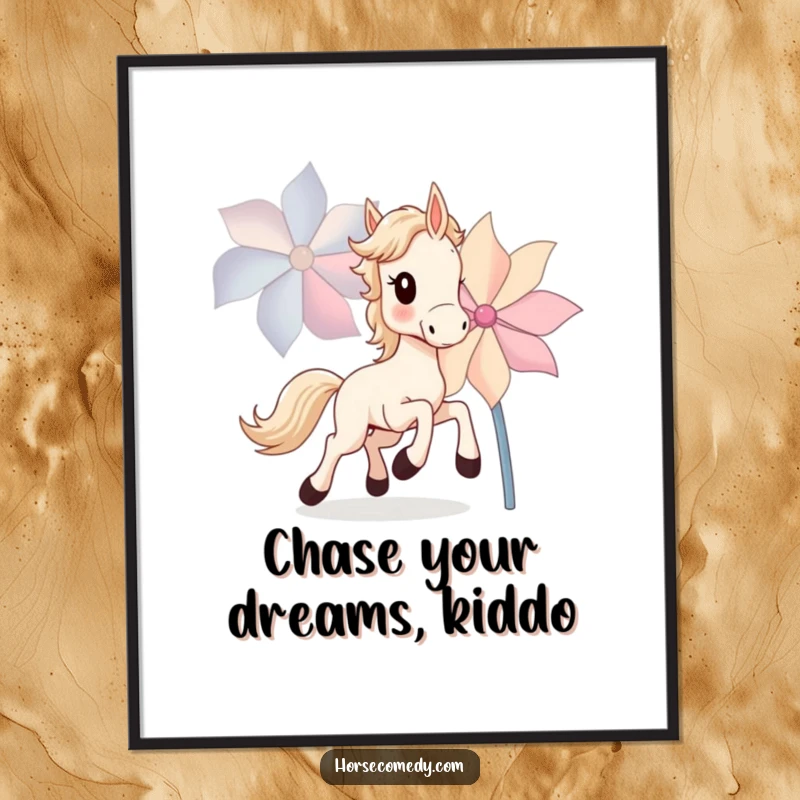 Funny Free Printable Wall Art of a horse cub joyfully chasing a large, spinning pinwheel, capturing a moment of pure fun.