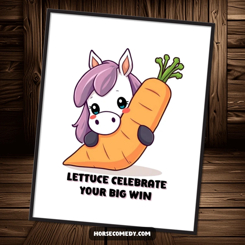 Funny Free Printable Wall Art: A horse character peeks over an enormous, smiling carrot.