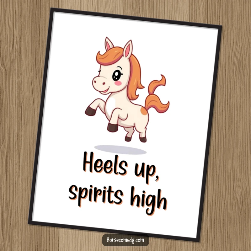 Funny Free Printable Wall Art of a kawaii horse neighing cheerfully and kicking its heels in a playful, energetic pose.