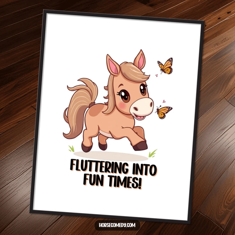 Funny free printable wall art of an excited horse joyfully chasing a butterfly with wide, happy eyes.