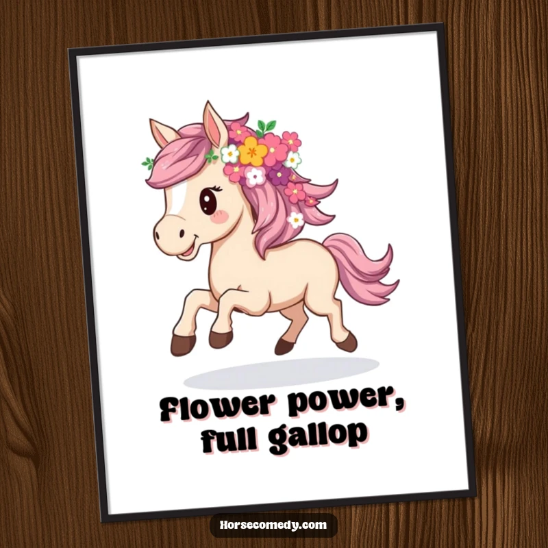 Funny free printable wall art: A horse with a vibrant mane of flowers is captured mid-gallop in a joyful, artistic depiction.