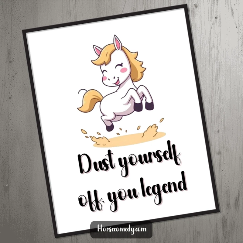 Funny free printable wall art: A horse joyfully leaps high in the air, kicking up dust in a dynamic, humorous display.