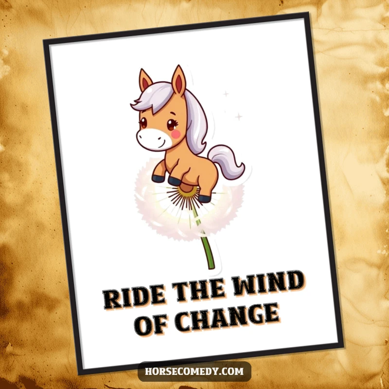 Funny Free Printable Wall Art: A horse character smiles while riding a huge dandelion seed, floating whimsically, downloadable art.