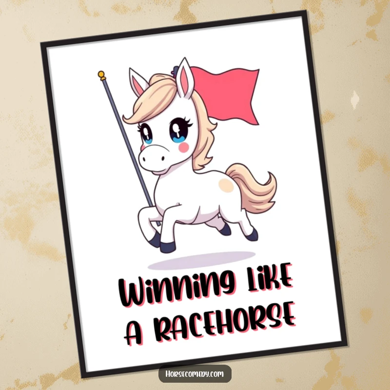 Funny Free Printable Wall Art: A spirited horse with sparkling eyes, captured mid-gallop with a fluttering flag, bringing energy to any room.