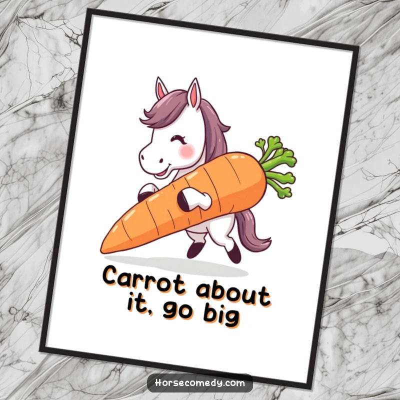 Funny Free Printable Wall Art: A horse character tripping hilariously while attempting to carry an oversized carrot, capturing a comical moment.