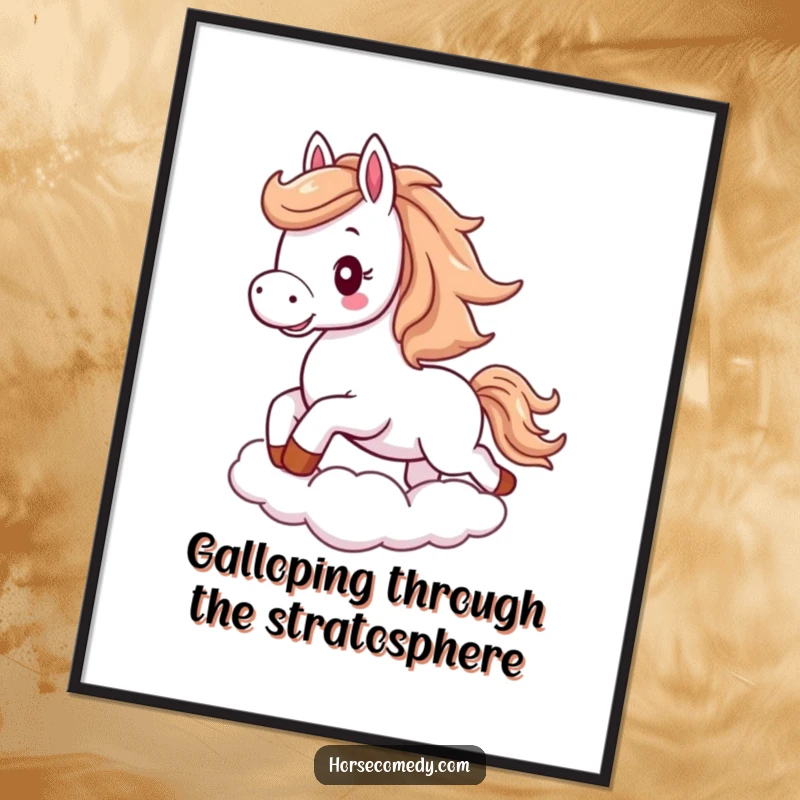 Funny Free Printable Wall Art: A fluffy horse with a streaming mane gallops with joy across a cloud, magical downloadable art.