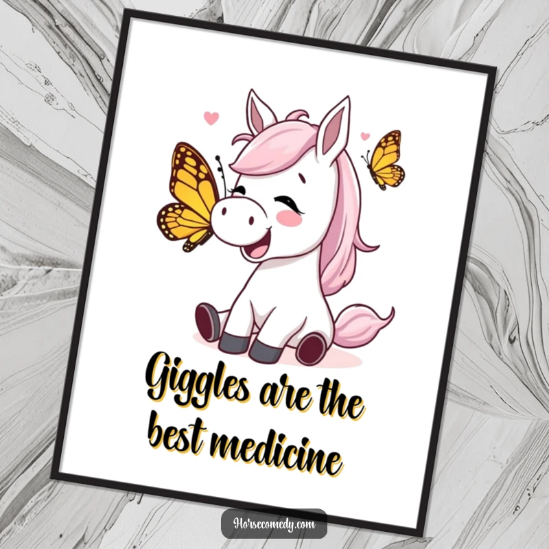 Funny Free Printable Wall Art: Horse character giggling happily while a playful butterfly tickles it, a whimsical and funny decor piece.