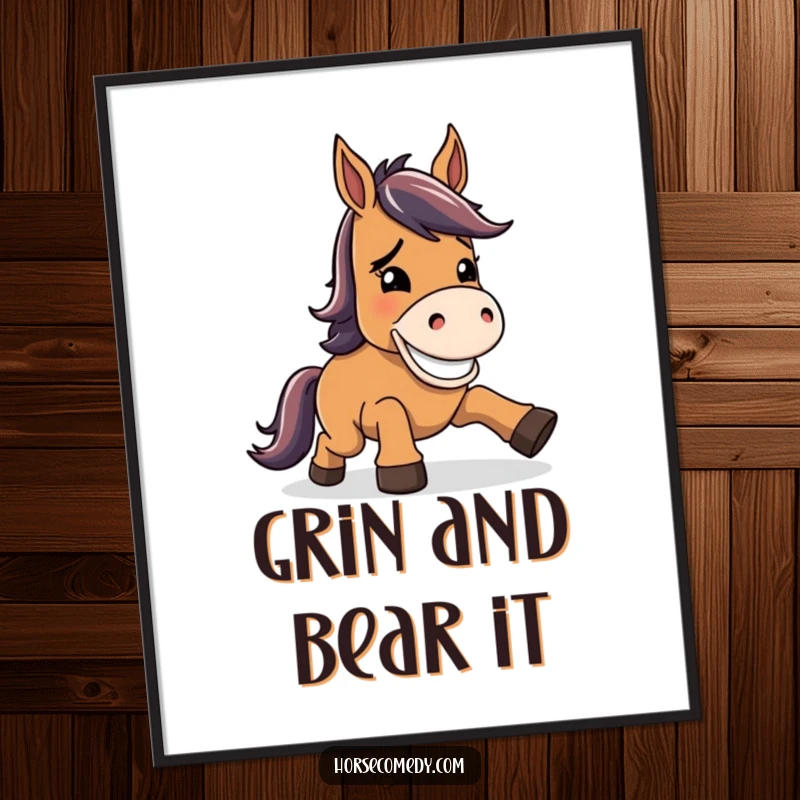 Funny Free Printable Wall Art: A horse character stumbling comically, but recovering with a wide, cheerful, goofy grin.