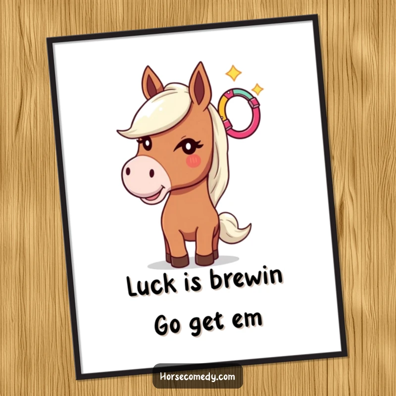 Funny Free Printable Horse Wall Art: A winking horse playfully tosses a colorful horseshoe, adding fun to your space.