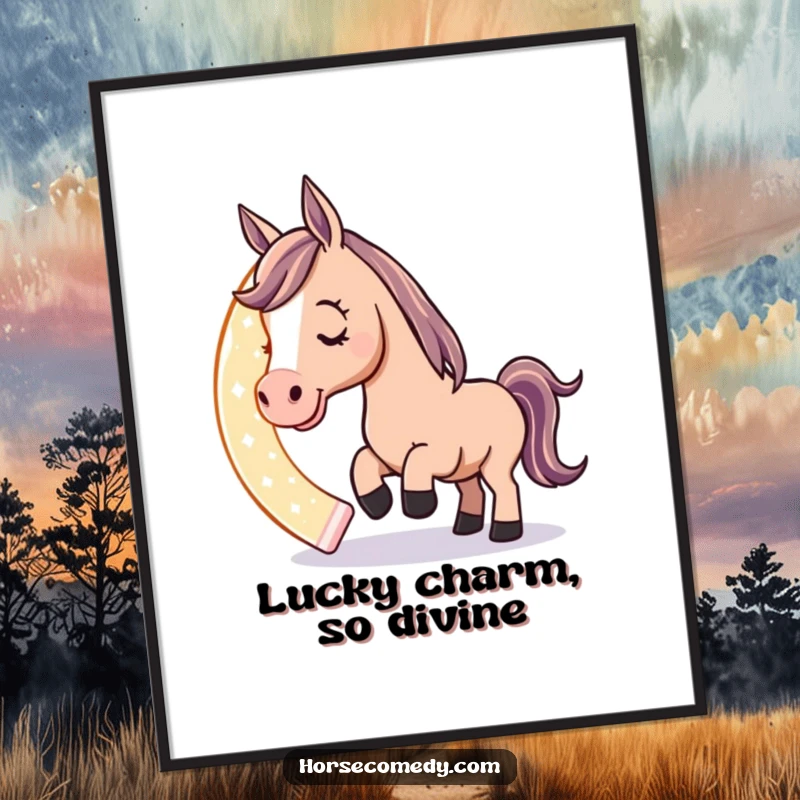 Funny Free Printable Wall Art: A horse character playfully nudges a giant, radiant horseshoe, creating a magical and lucky charm for any room.