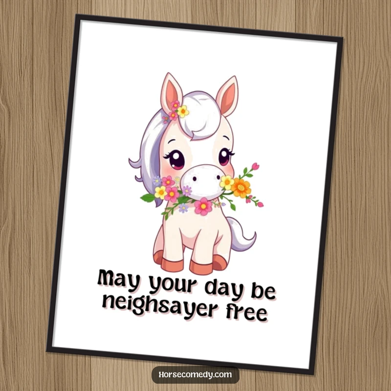 Funny Free Printable Wall Art: A whimsical tiny horse with a bouquet of flowers in its mouth, perfect for a cheerful room.