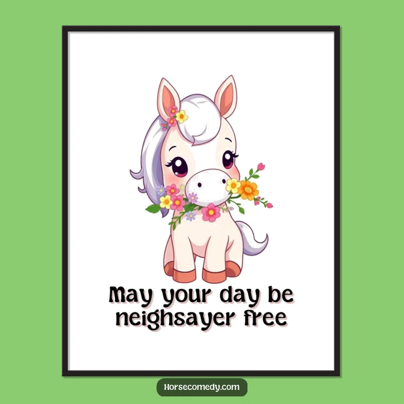 Funny Free Printable Wall Art: Tiny Horse with Flowers, Quirky Downloadable Decor