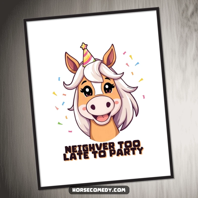 Funny Free Printable Horse Wall Art: A horse with a silly grin and party hat, radiating pure joy.