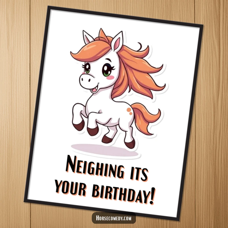 Funny Free Printable Wall Art: A horse with a flowing mane, prancing joyfully with a big, infectious smile.