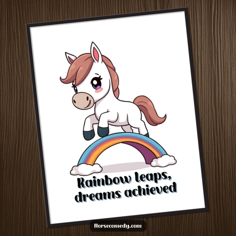 Funny Free Printable Wall Art: A horse with a determined look jumps over a small, colorful rainbow bridge.