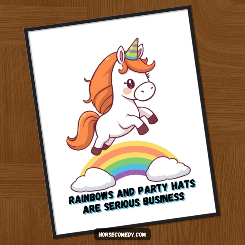 Funny free printable wall art: A horse dressed in a small party hat leaps joyfully over a bright, arching rainbow.