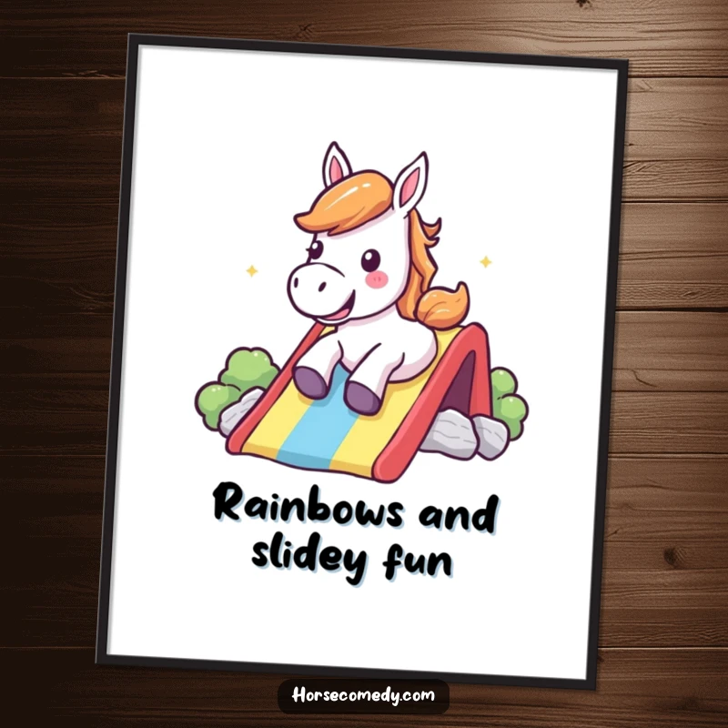 Funny Free Printable Wall Art: Horse joyfully sliding down a rainbow, shouting with happiness, bringing vibrant energy.