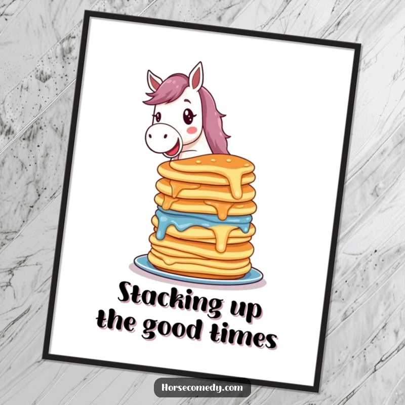Funny Free Printable Wall Art: Delighted horse balancing colorful, wobbling pancakes, quirky downloadable decor.