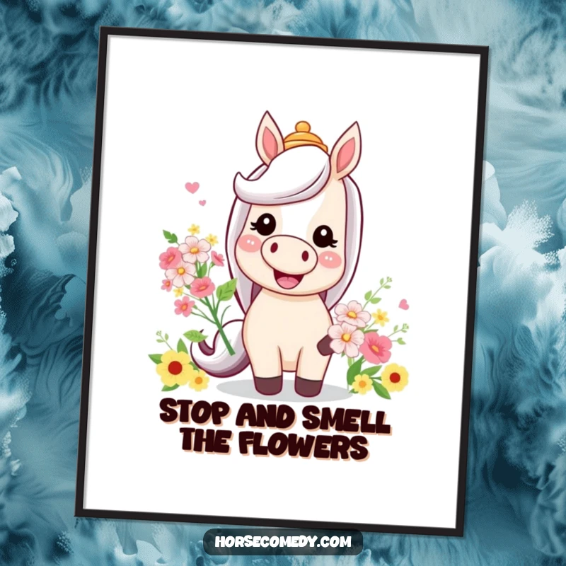 Funny Free Printable Horse Wall Art: A smiling horse in a silly hat holds a bouquet of flowers, adding cheer.