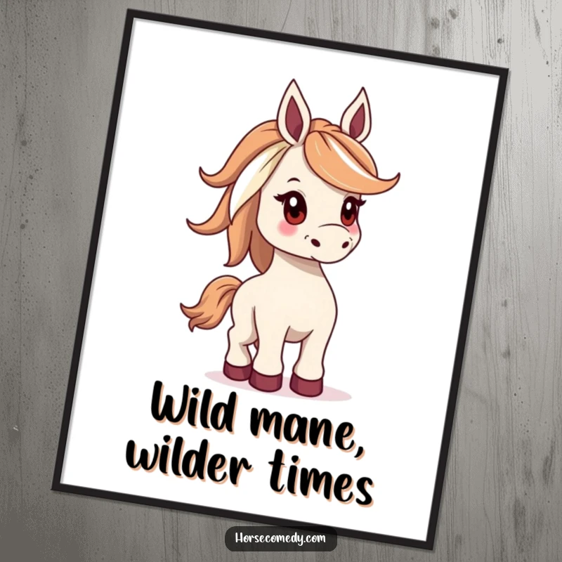 Funny Free Printable Wall Art: A horse with a dramatically wide mane playfully bucks, exuding joy and a touch of wild spirit.