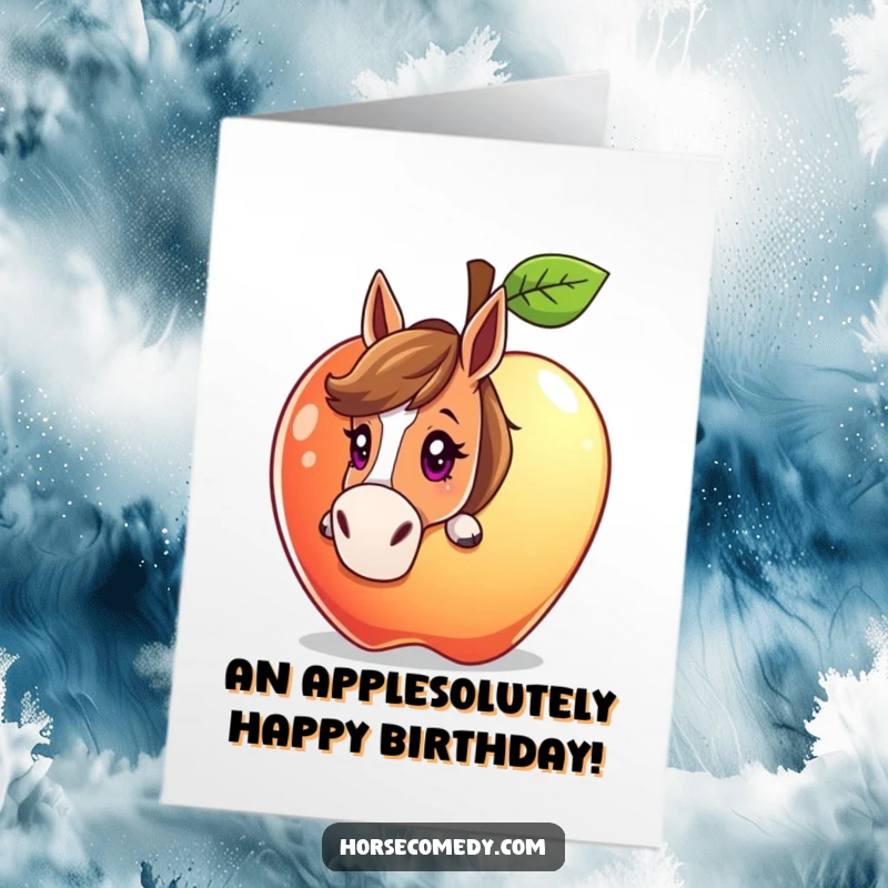 Funny Free Printable Birthday Card: Horse peeking curiously from behind a massive, glittering apple, a whimsical birthday greeting.
