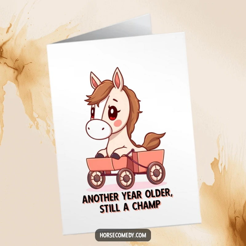 Funny free printable birthday card: A horse with a serious expression pulls a small cart, ready for the party.