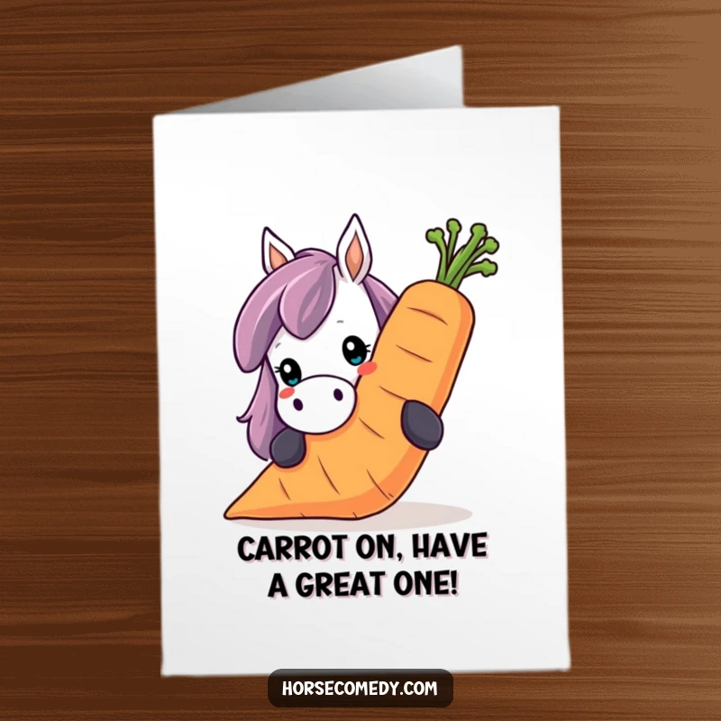 Funny Free Printable Birthday Card: A horse peeks over a huge, smiling carrot with curiosity.