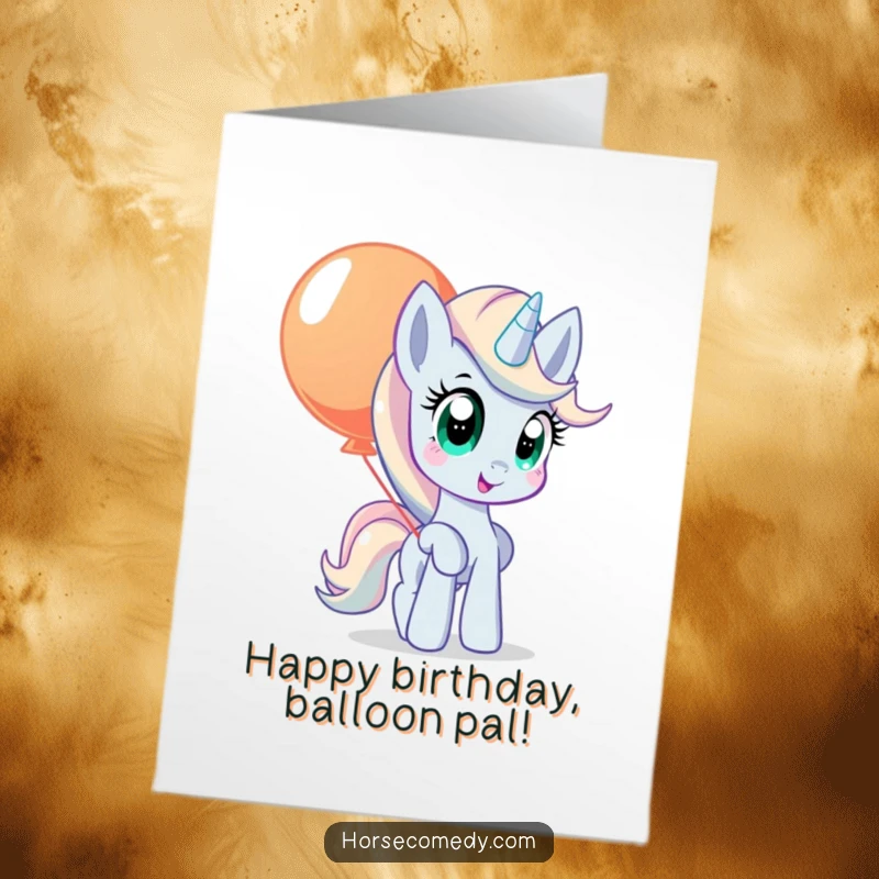 Funny Free Printable Birthday Card: A pony with wide curious eyes precariously balancing a huge, colorful balloon, a delightful surprise.